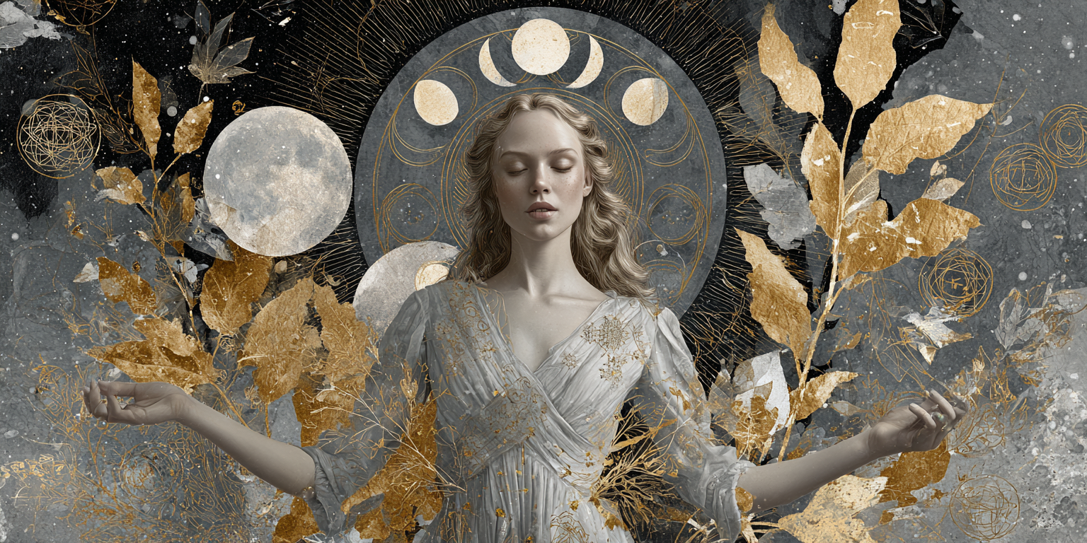 Mujer rodeada de fases lunares y hojas doradas