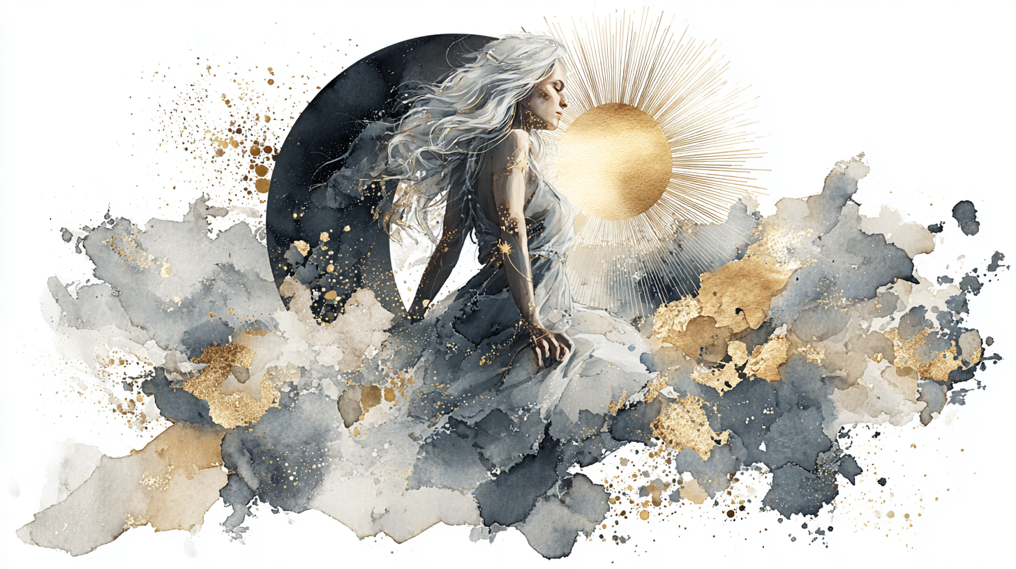 Mujer junto a un sol dorado